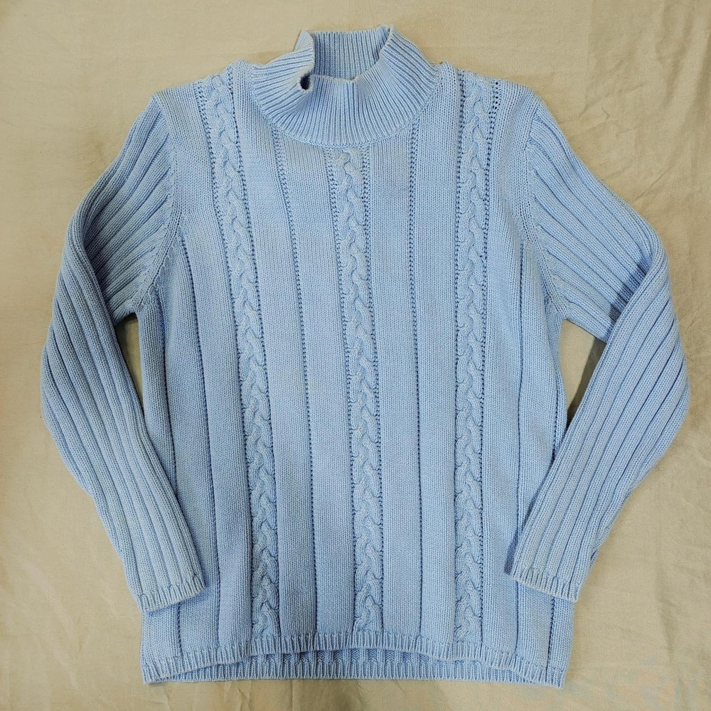 Yarnworks Pastel Baby Blue Cable Knit Mock Neck Sweater 100% Cotton Size Large